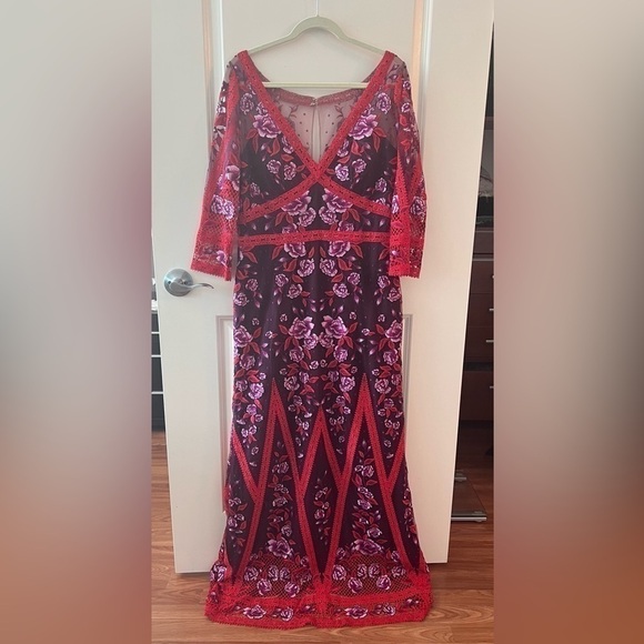 Marchesa Notte Wine Floral Lace Gown - Picture 2 of 16